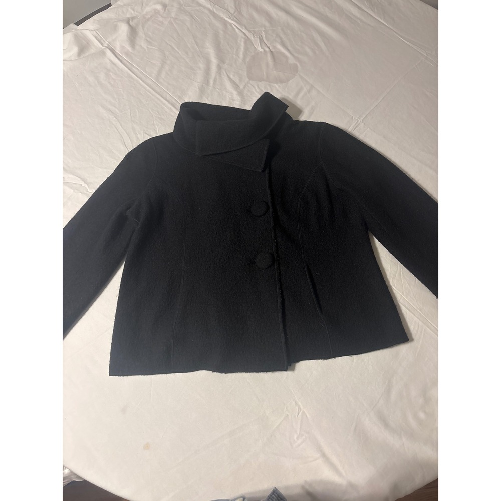 Sandro Boiled Wool Jacket Women L BlackFunnel Neck Button Coat